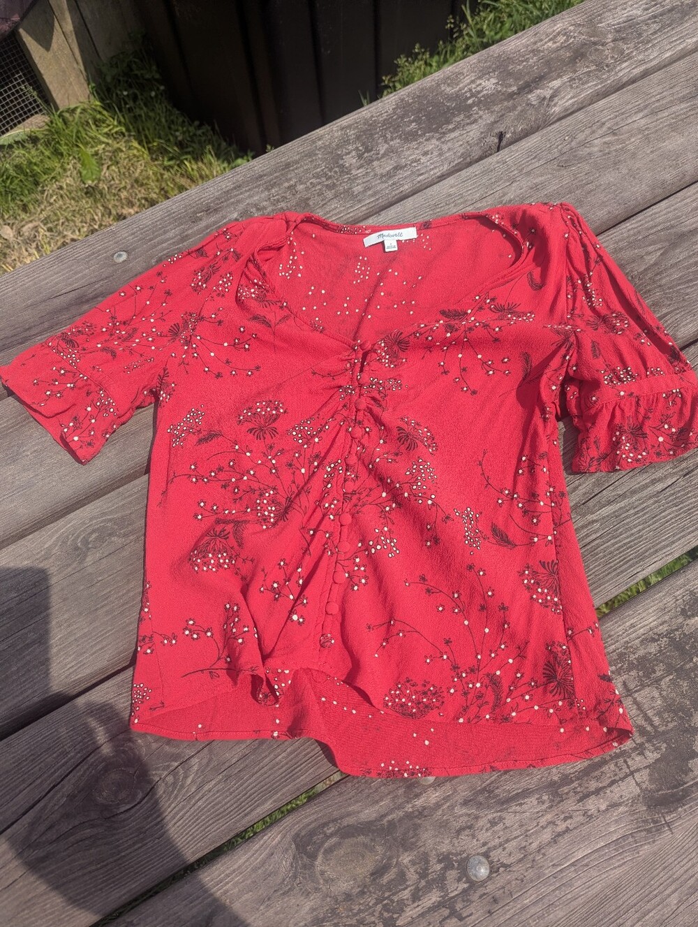 Madewell Red Floral Ruched Short Sleeve Top